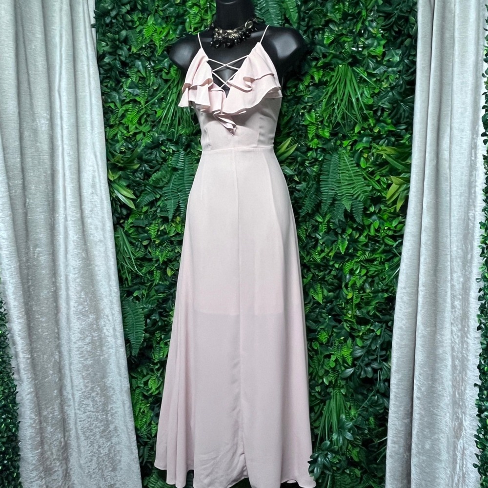 New Look Dress Size 4 Blush Pink Ruffle Lace Up V-Neck Maxi Gown 4219